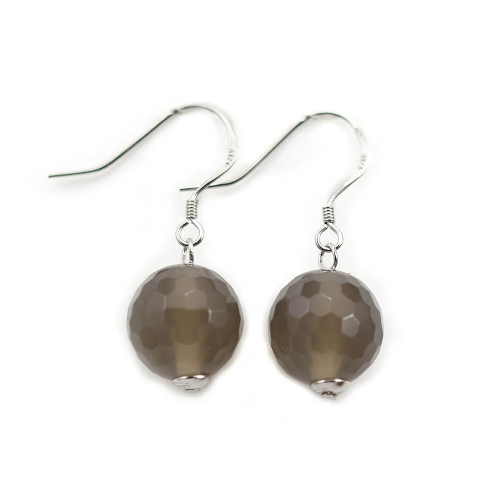 Boucle d’oreille en argent 925 et agate grise, ronde facetté, 12mm x 2pcs