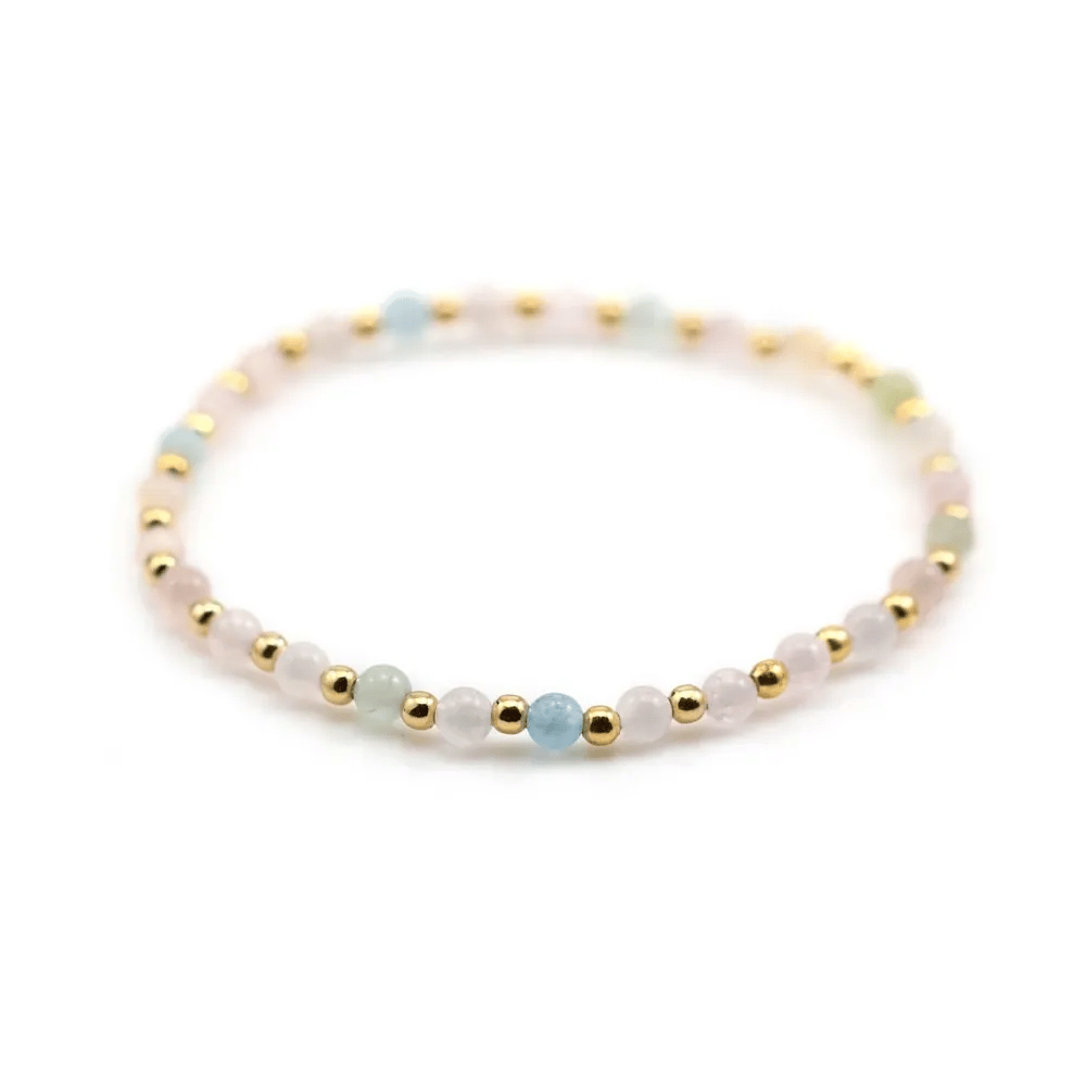 Bracelet aigue marine & morganite 4mm, avec perles dorées x 1pc