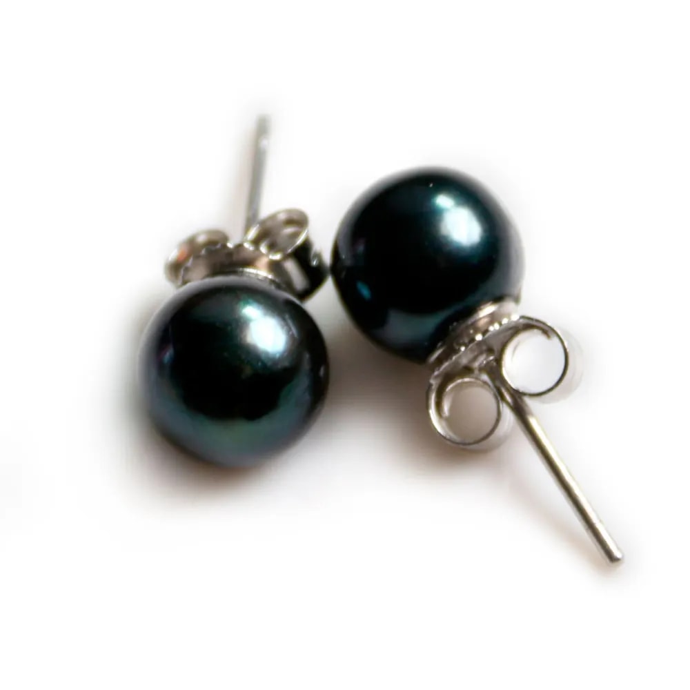 Boucles d'oreilles : perles de culture d'eau douce bleues foncées & argent 925 7-8mm x 2pcs