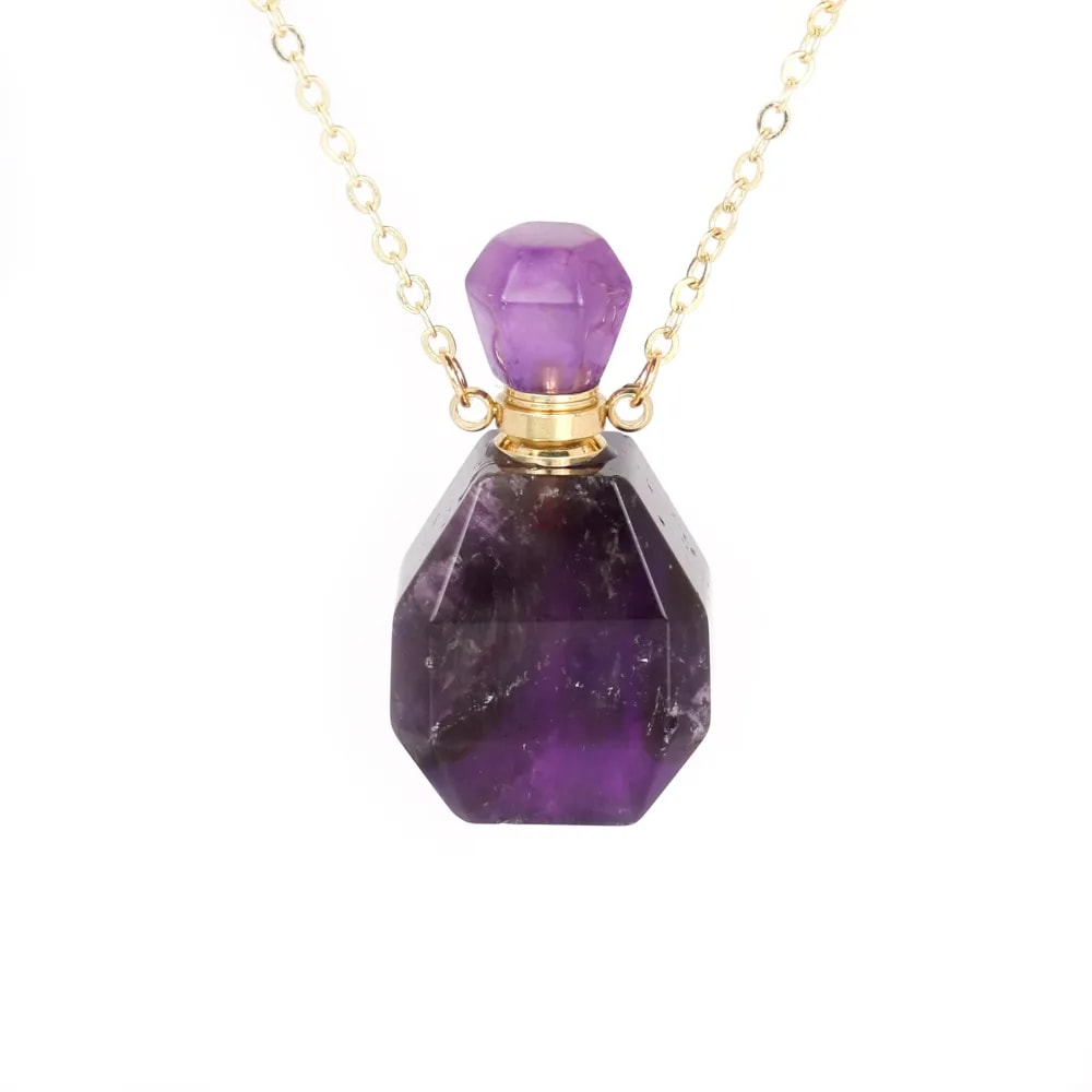 Collier en plaquée par "flash" or sur laiton avec pendentif flacon de parfum en Améthyste