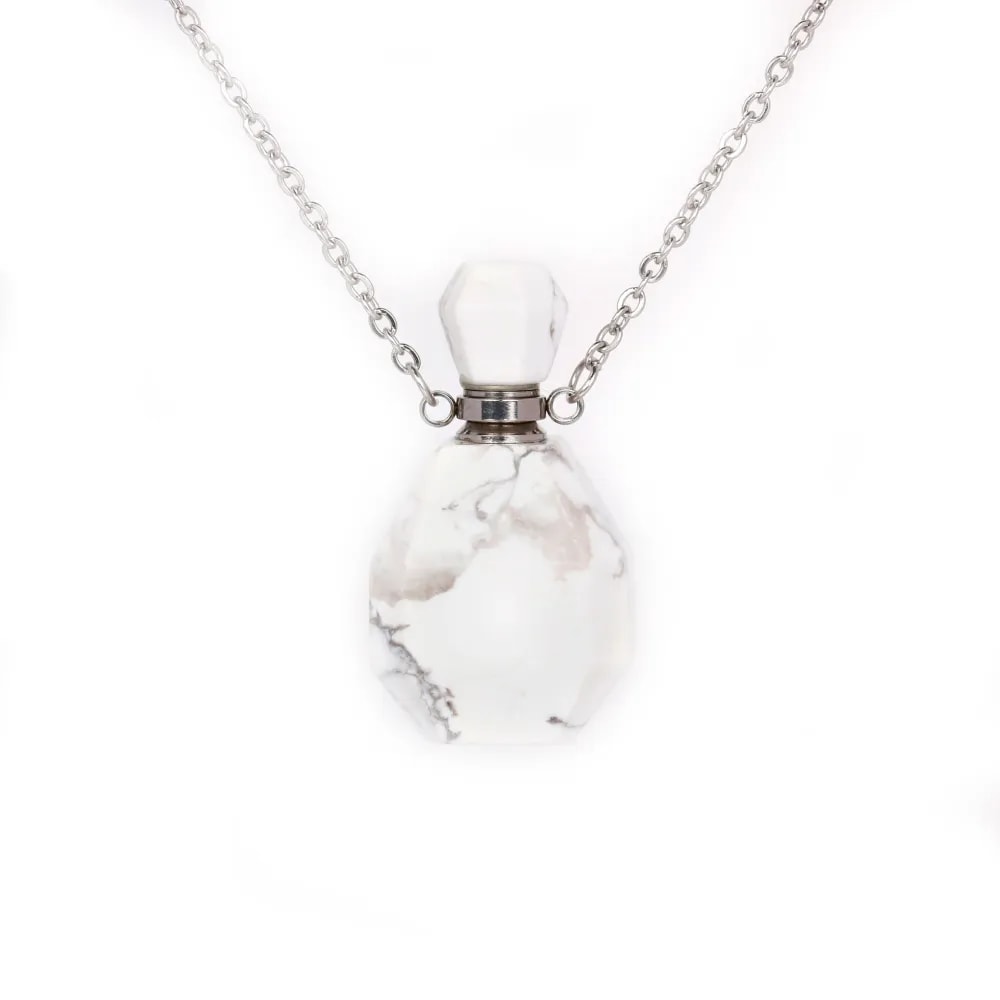Collier en acier inox argenté avec un flacon de parfum pendentif en Howlite