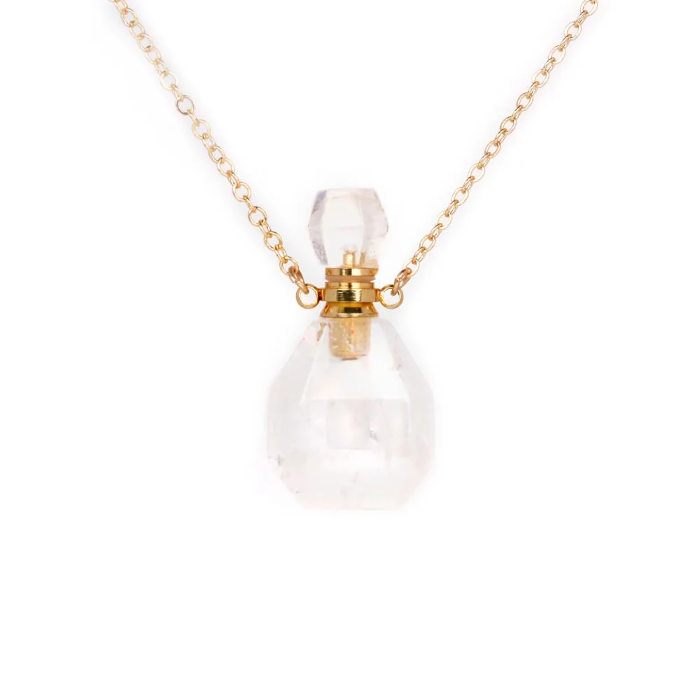 Collier en  plaquée par "flash" or sur laiton avec pendentif flacon de parfum  en Cristal de roche