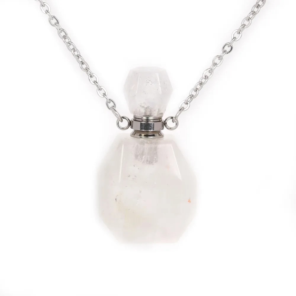 Collier en acier inox argenté avec un flacon de parfum pendentif en Cristal de roche