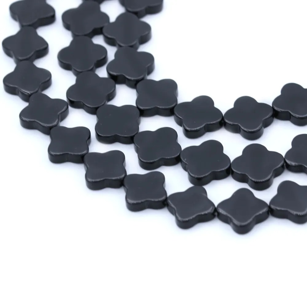Onyx noir, trèfle, 14mm x 40cm