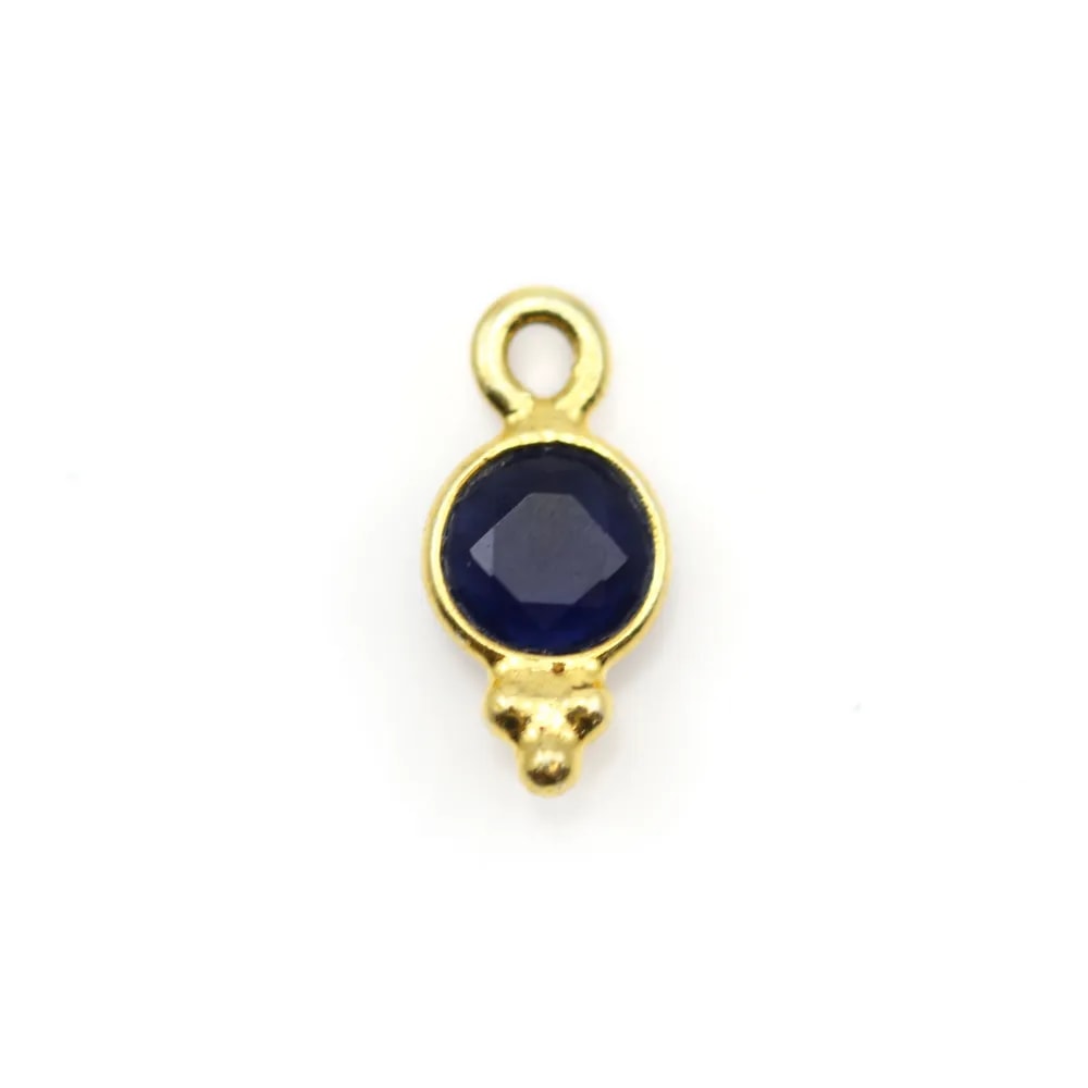 Round faceted dyed sapphire charm on gold gilt silver 5x10mm x 2pcs