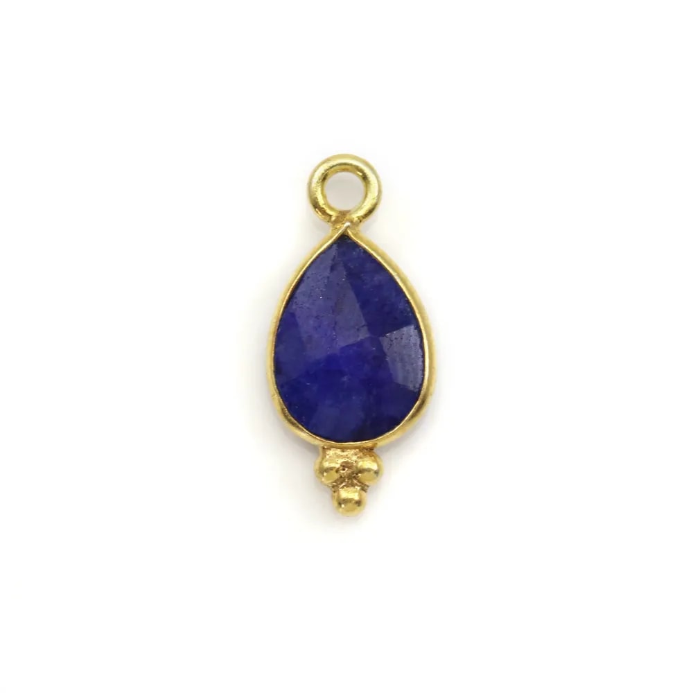 Breloque en Pierre traitée couleur saphir goutte facettée serti argent 925 doré à l'or fin 7x15mm x 1pc