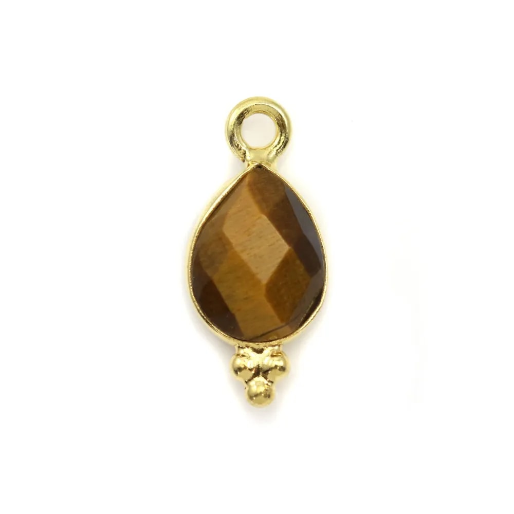 Breloque en L'oeil de tigre goutte facettée serti argent 925 doré à l'or fin 7x16mm x 1pc