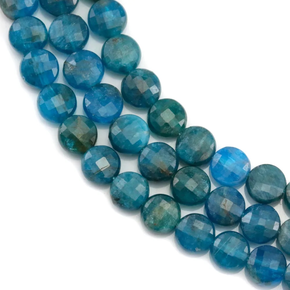 Apatite in blue color, in round flat faceted shaped 4mm, x 39cm