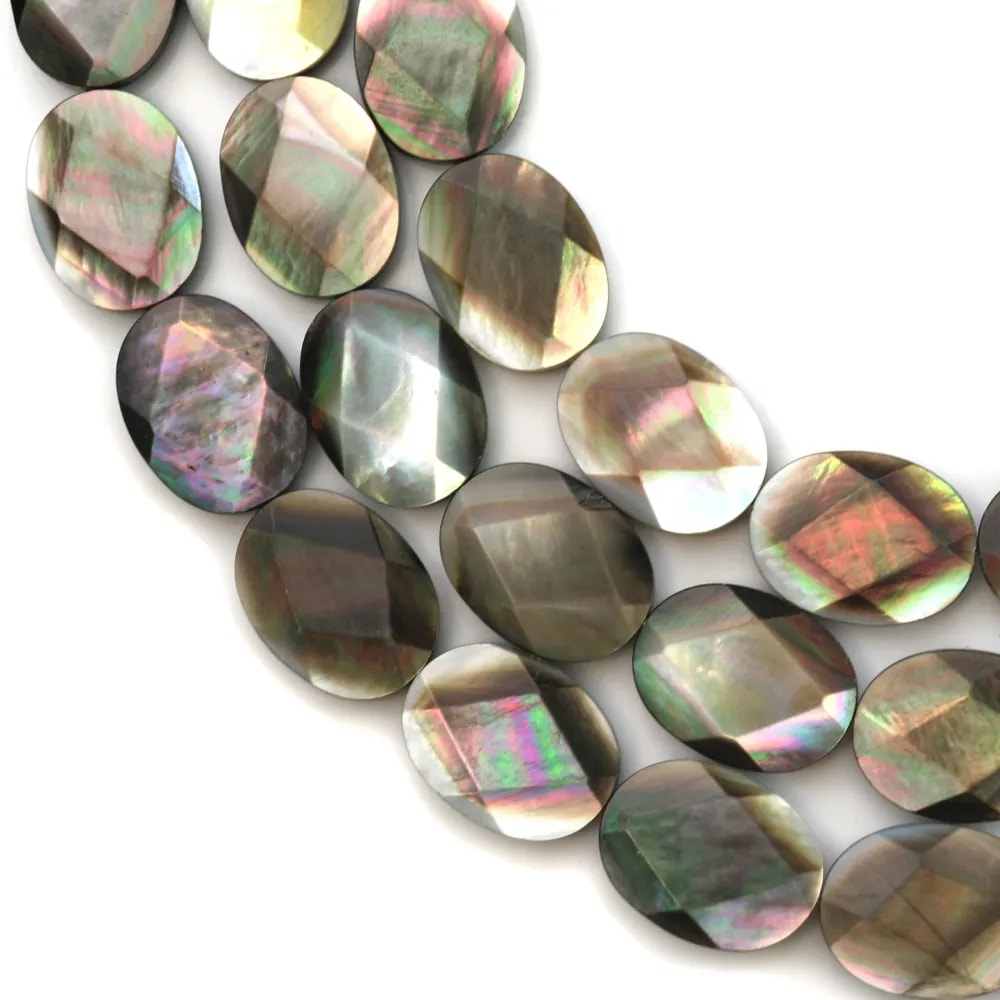 Gray mother-of-pearl faceted oval beads on thread 12x16mm x 40cm