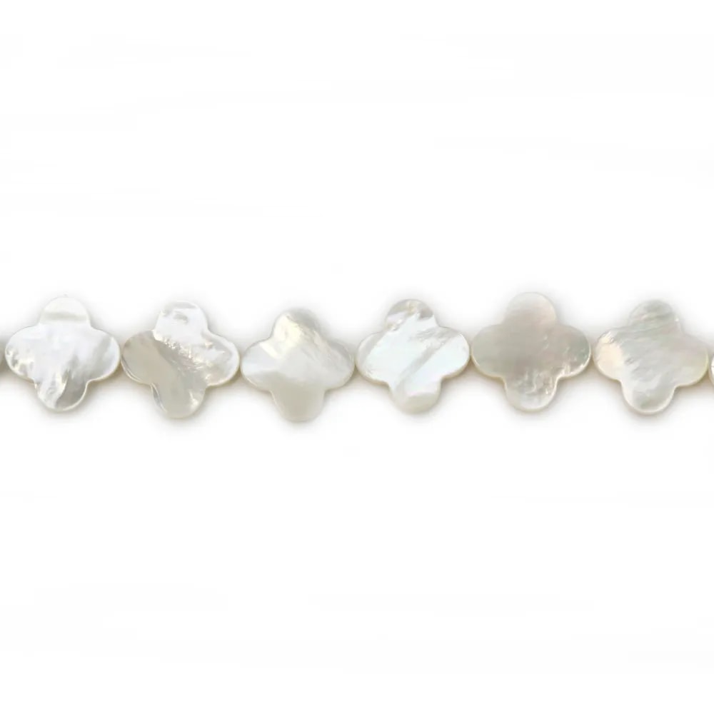 White mother-of-pearl clover beads on thread 18mm x 40cm