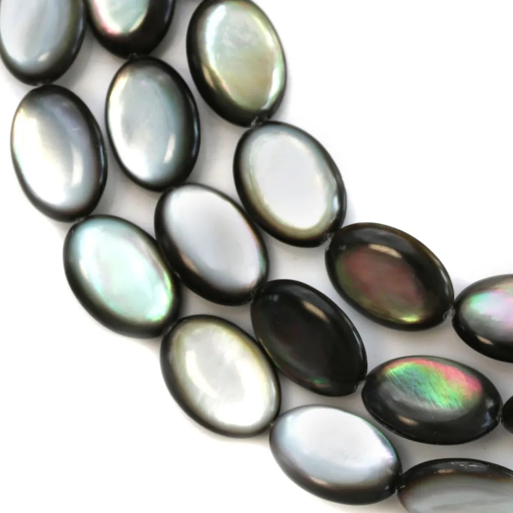 Nacre grise en oval bombé sur fil 12x16mm x 40cm