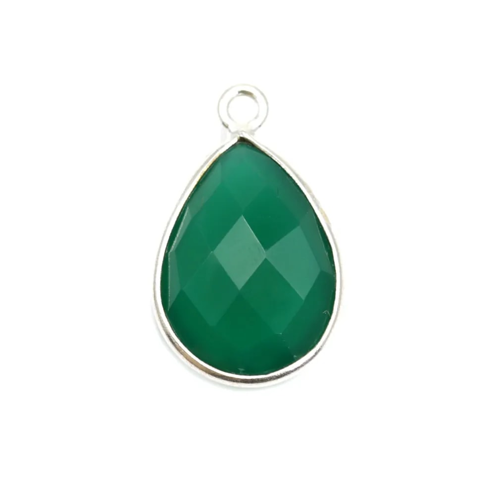 Agate verte goutte facette sertie sur argent 11x15mm x 1pc