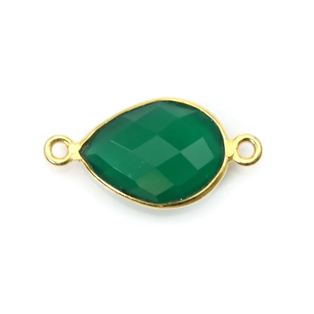 Agate verte goutte facettée sertie sur argent doré 2 anneaux 11x15mm x 1pc