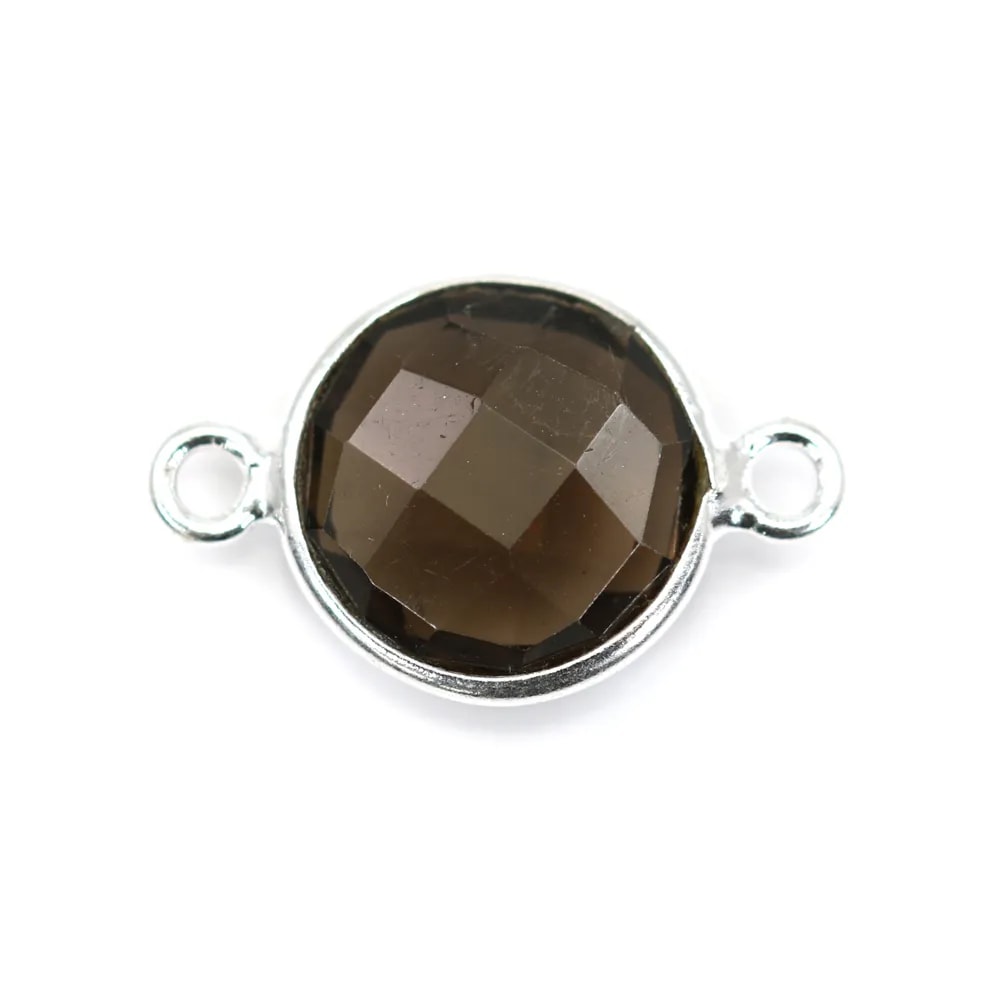 Quartz fumé rond facette sertie sur argent 925 2 anneaux 11mm x 1pc