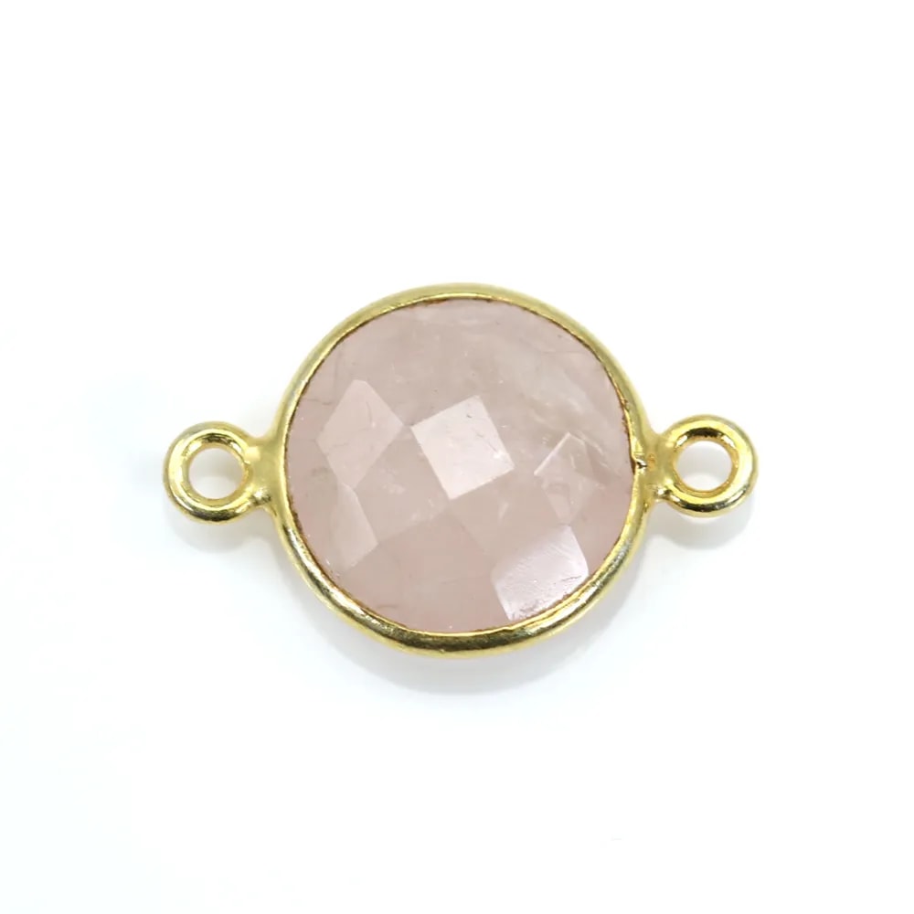 Quartz rose rond facette serti sur argent doré 2 anneaux 11mm x 1pc