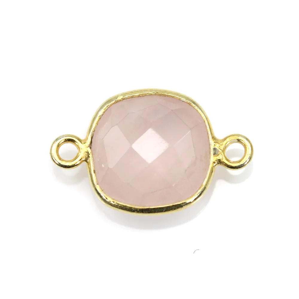 Quartz rose coussin facette sertie sur argent 925 doré à l'or fin 2 anneaux 11mm x 1pc