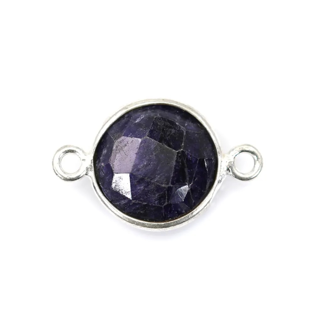 Pierre traitée couleur saphir sertie sur argent 925 rond facetté 2 anneaux 11mm x 1pc