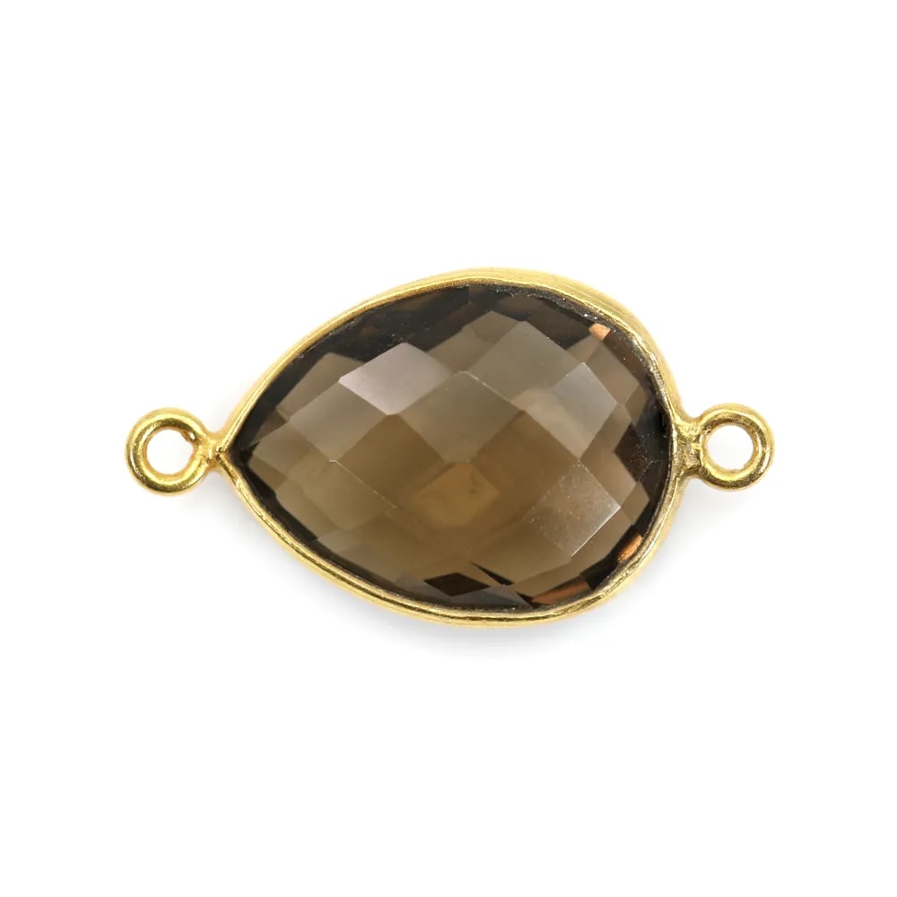 Quartz fumé goutte facette sertie sur argent doré 2 anneaux 13x17mm x 1pc