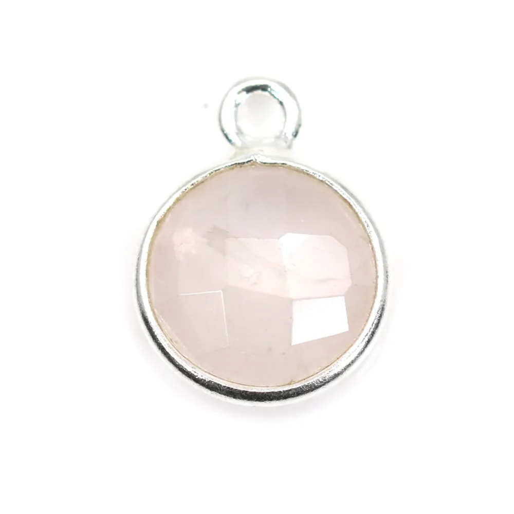 Quartz rose rond facette sertie sur argent 9mm x 1pc