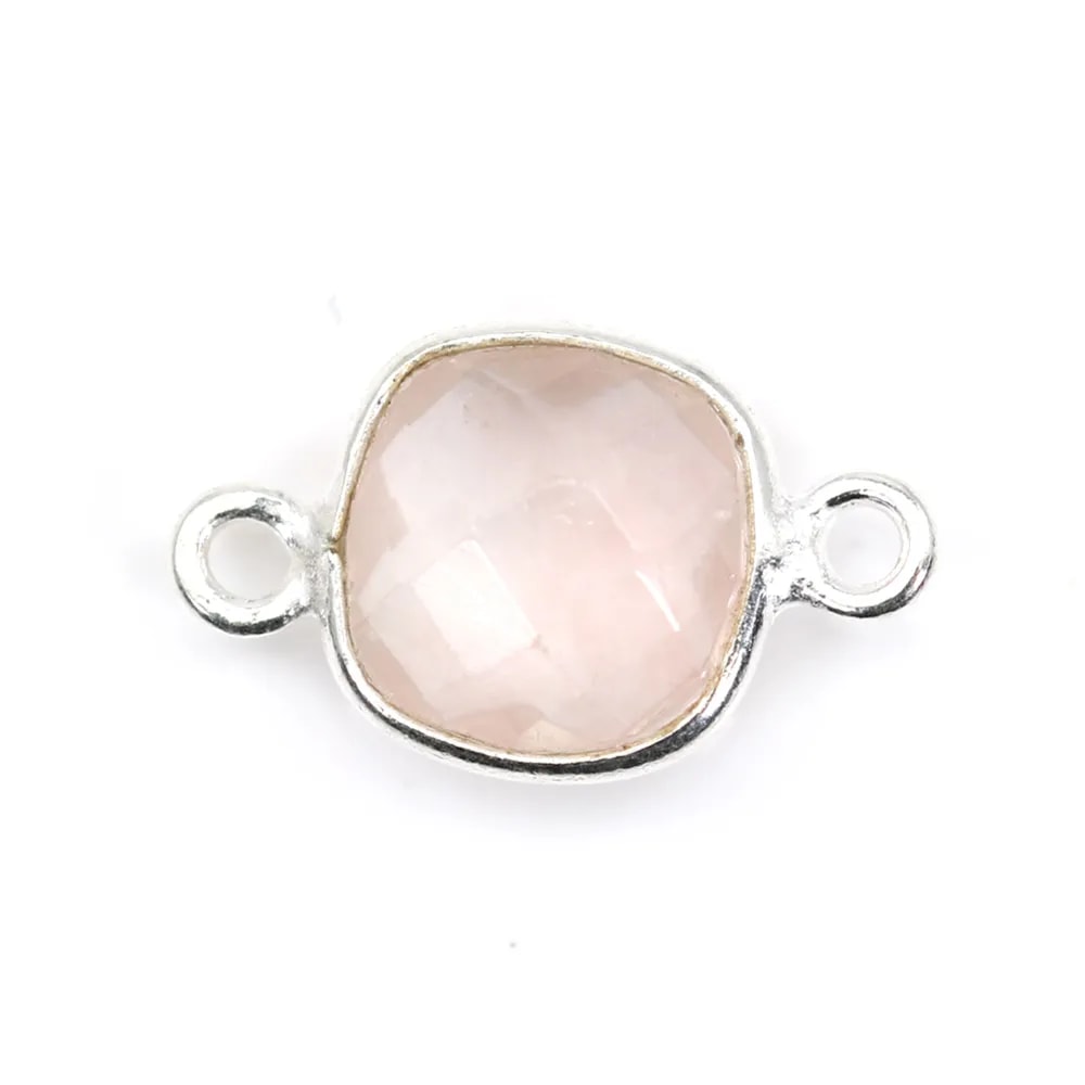 Quartz rose coussin facette sertie sur argent 2 anneaux 9mm x 1pc