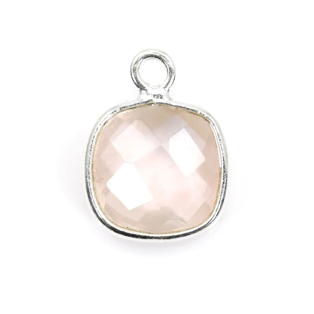 Quartz rose coussin facette sertie sur argent 9mm x 1pc