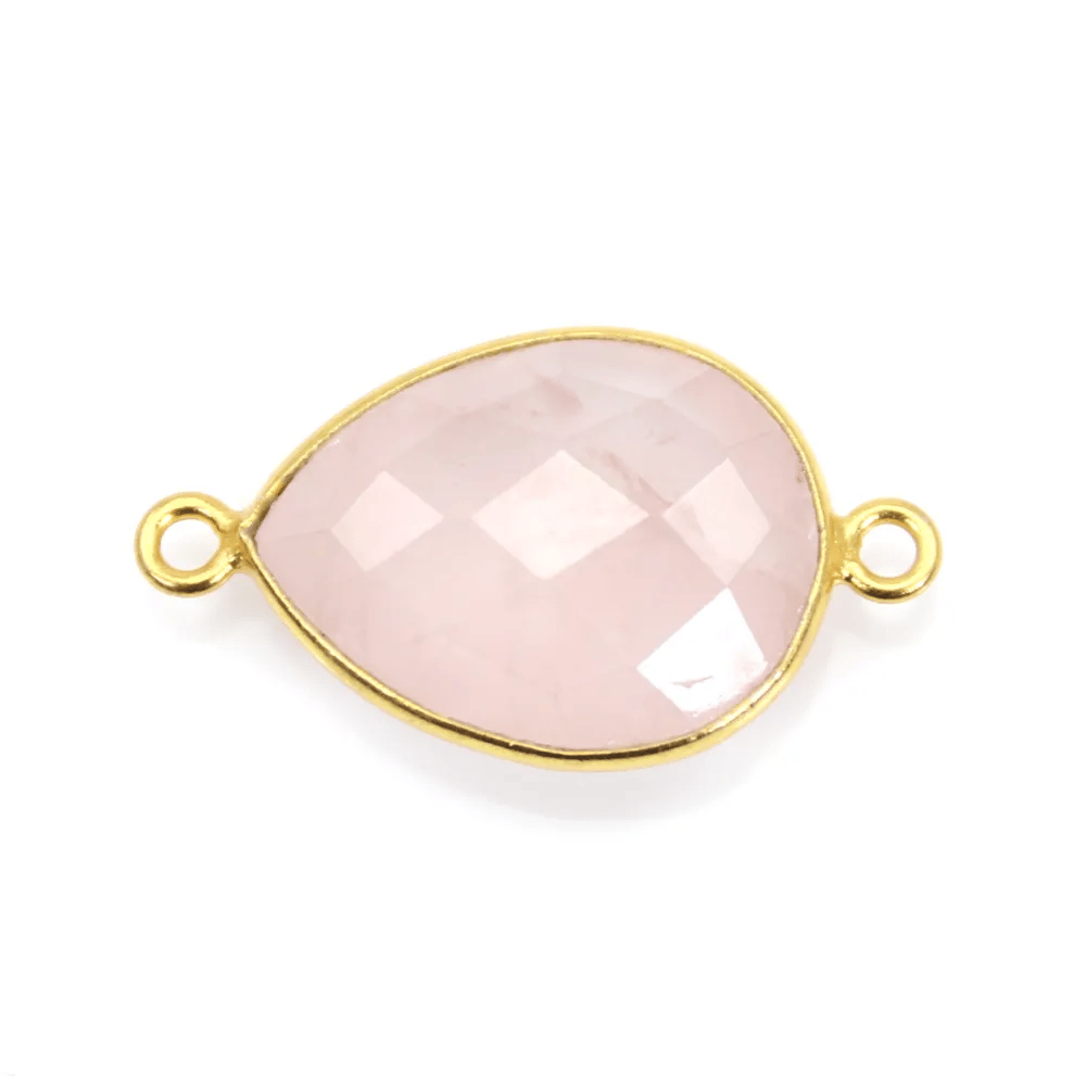 Quartz rose goutte facette sertie sur argent 925 doré à l'or fin 2 anneaux 13x17mm x 1pc