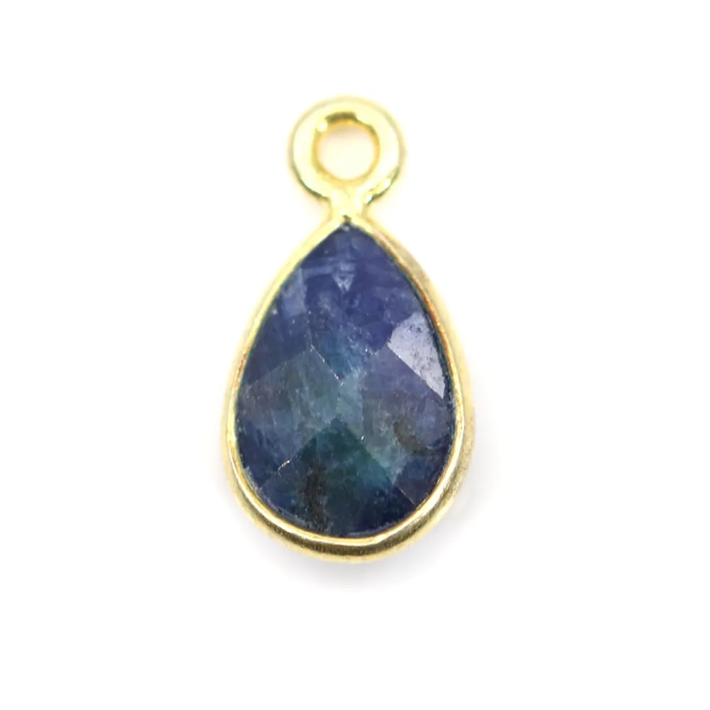 Breloque Pierre teintée couleur saphir goutte facettée serti argent 925 doré à l'or fin 7x13mm x 1pc