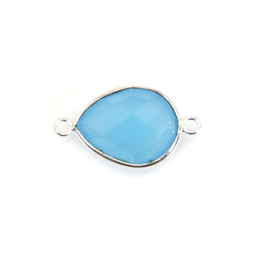 Calcédoine bleu goutte facettée sertie sur argent 2 anneaux 11x15mm x 1pc