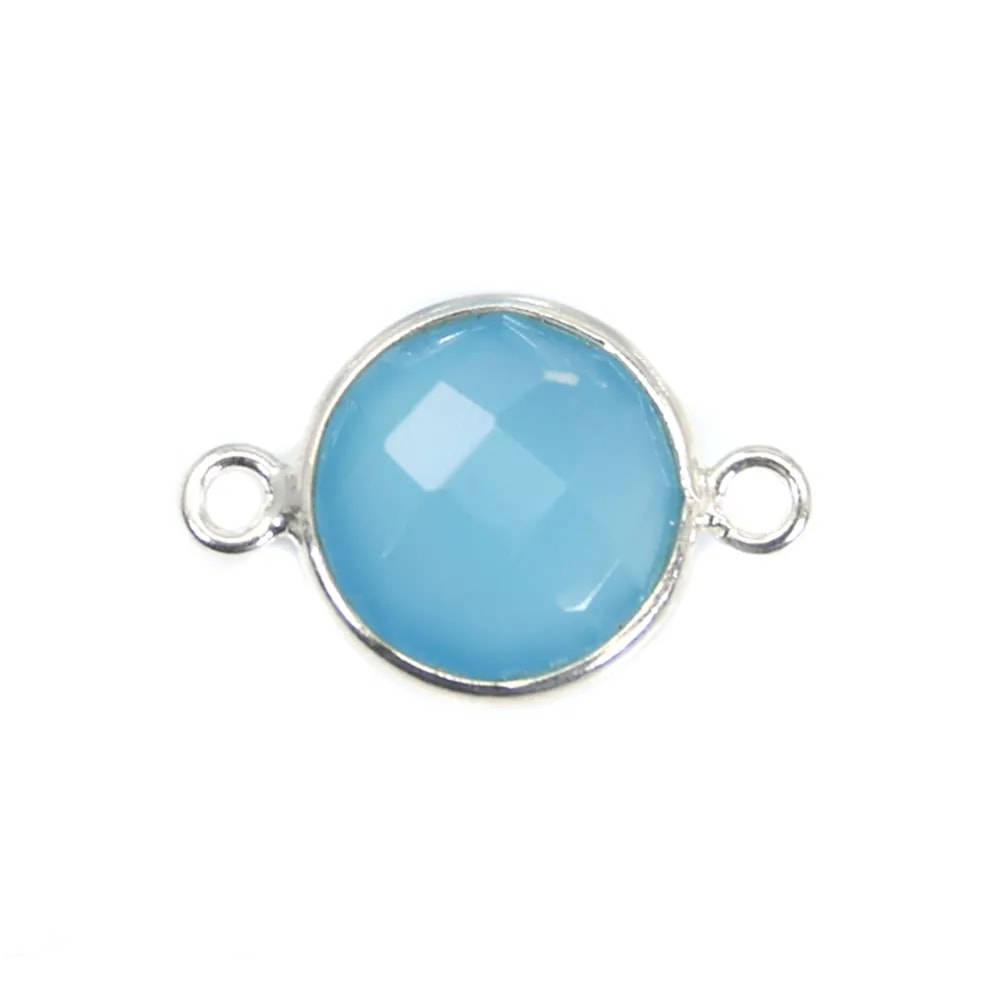 Calcédoine bleu ronde facettée 2 anneaux sertie sur argent 11mm x 1pc