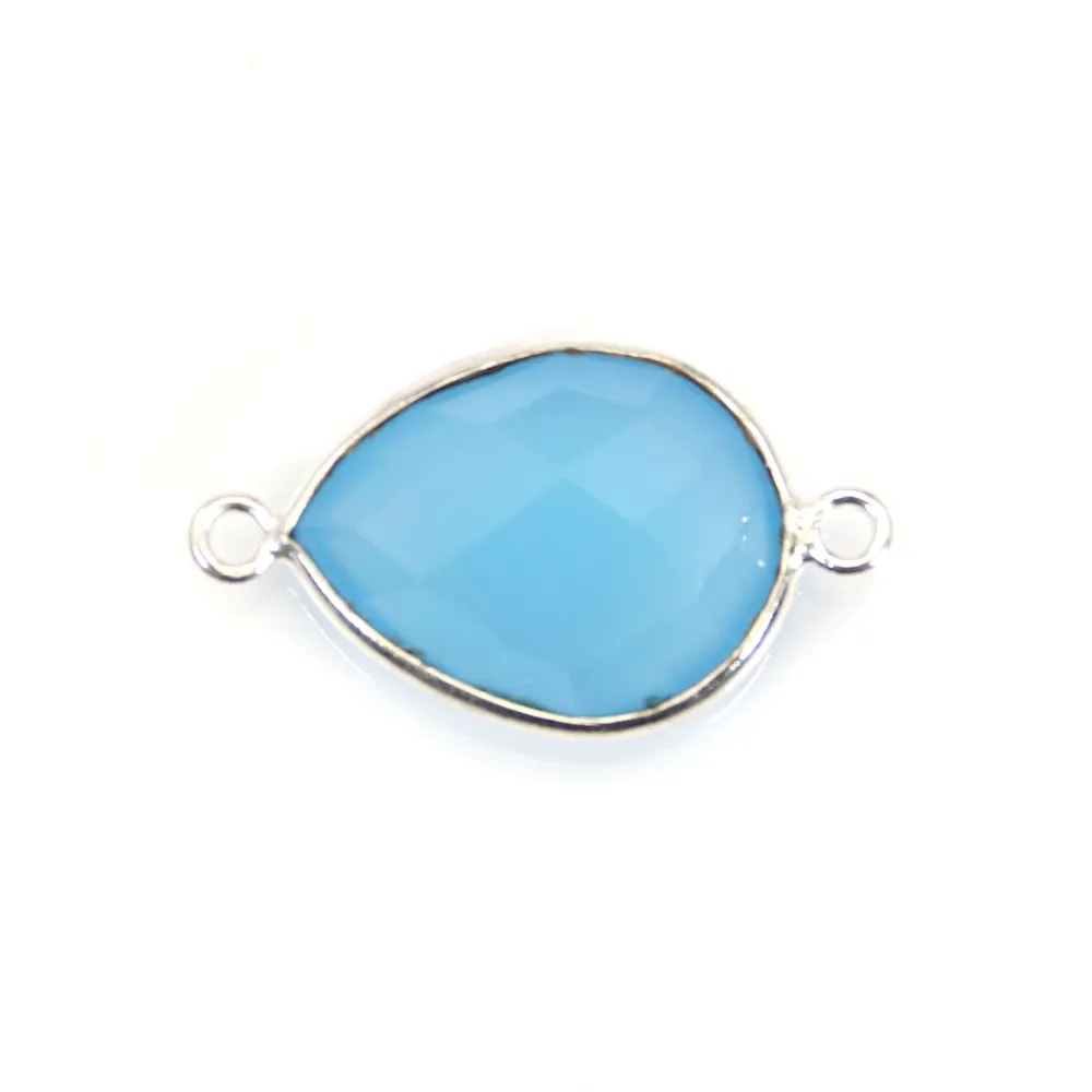 Calcédoine bleu goutte facettée sertie sur argent 2 anneaux 13x17mm x 1pc