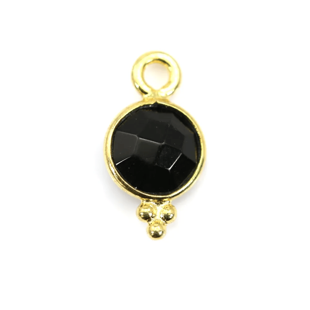 Black Onyx Round Faceted Charm set in 925 Sterling Silver GOLD 7x13mm x 1pc