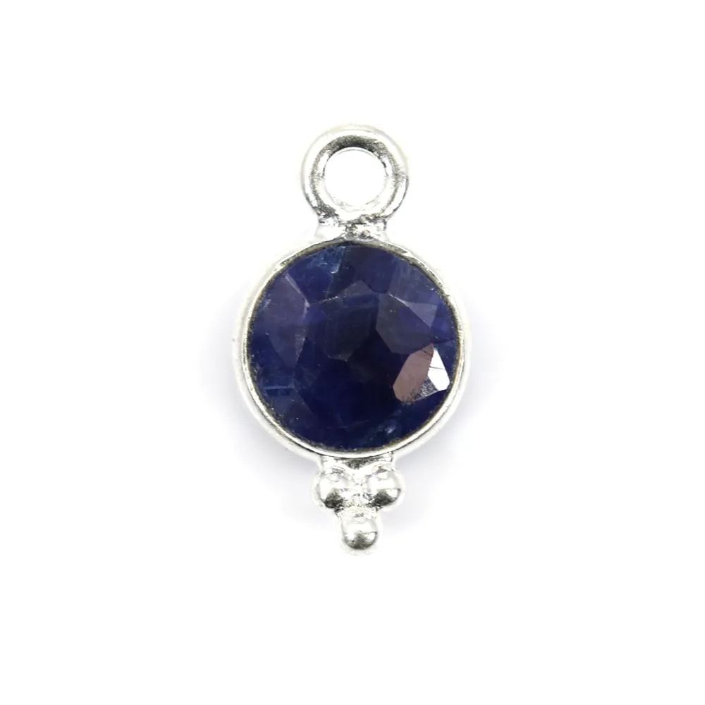 Breloque en Pierre teintée couleur saphir ronde facettée serti argent 925 7x13mm x 1pc