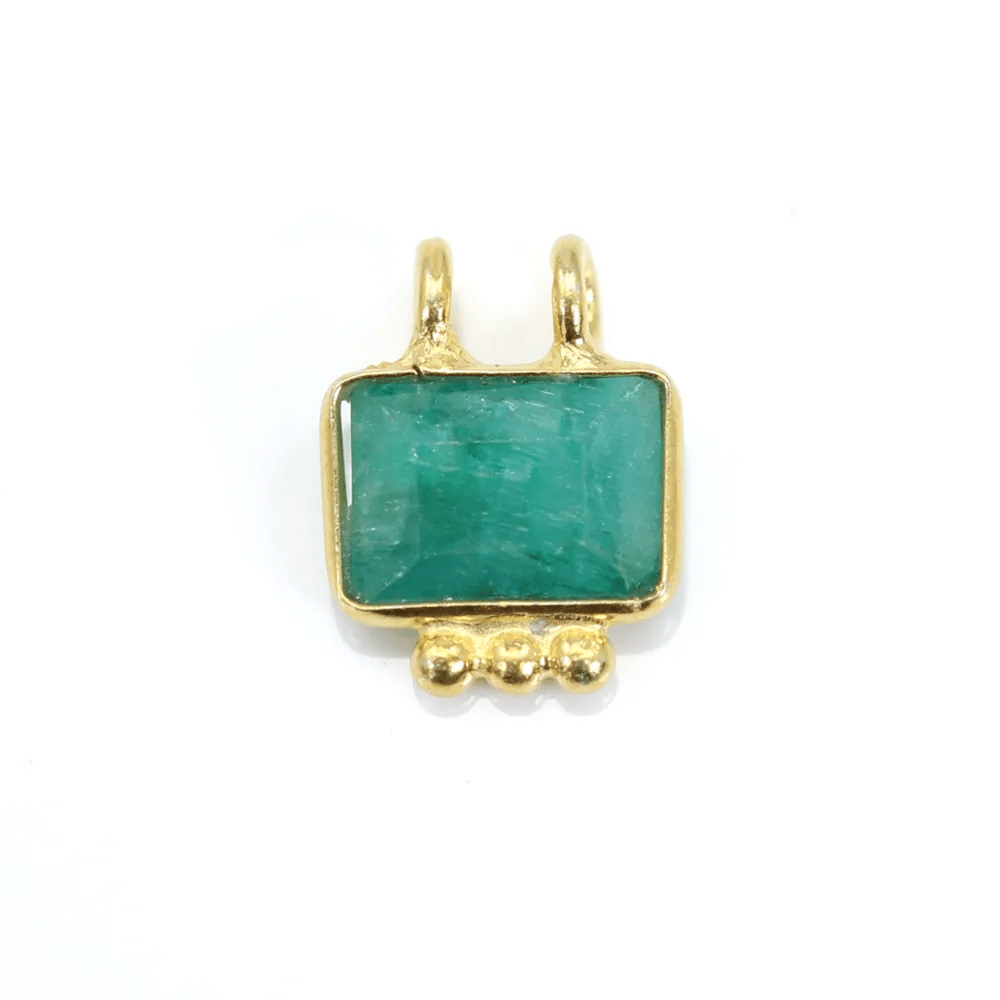 Charm Gemstone tinted emerald rectangle set in silver 925 gold - 2 rings - 8x10mm x 1pc