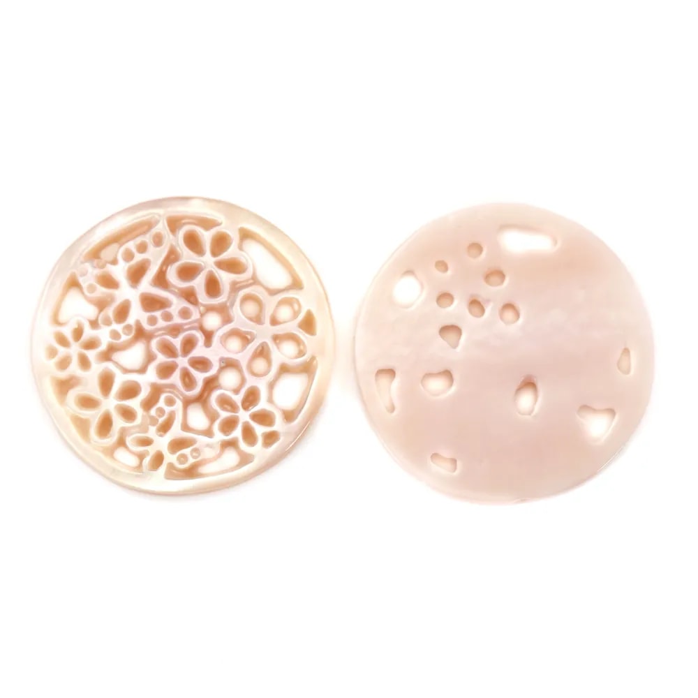 Nacre rose et ronde fleurs et papillons ajourés 18mm x 1pc