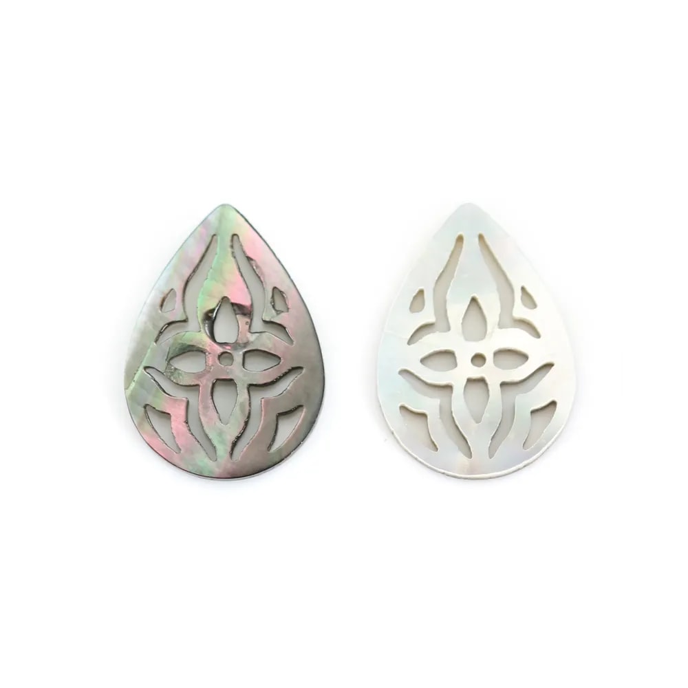 Gray mother-of-pearl in drop shape with openwork 10x14mm x 1pc