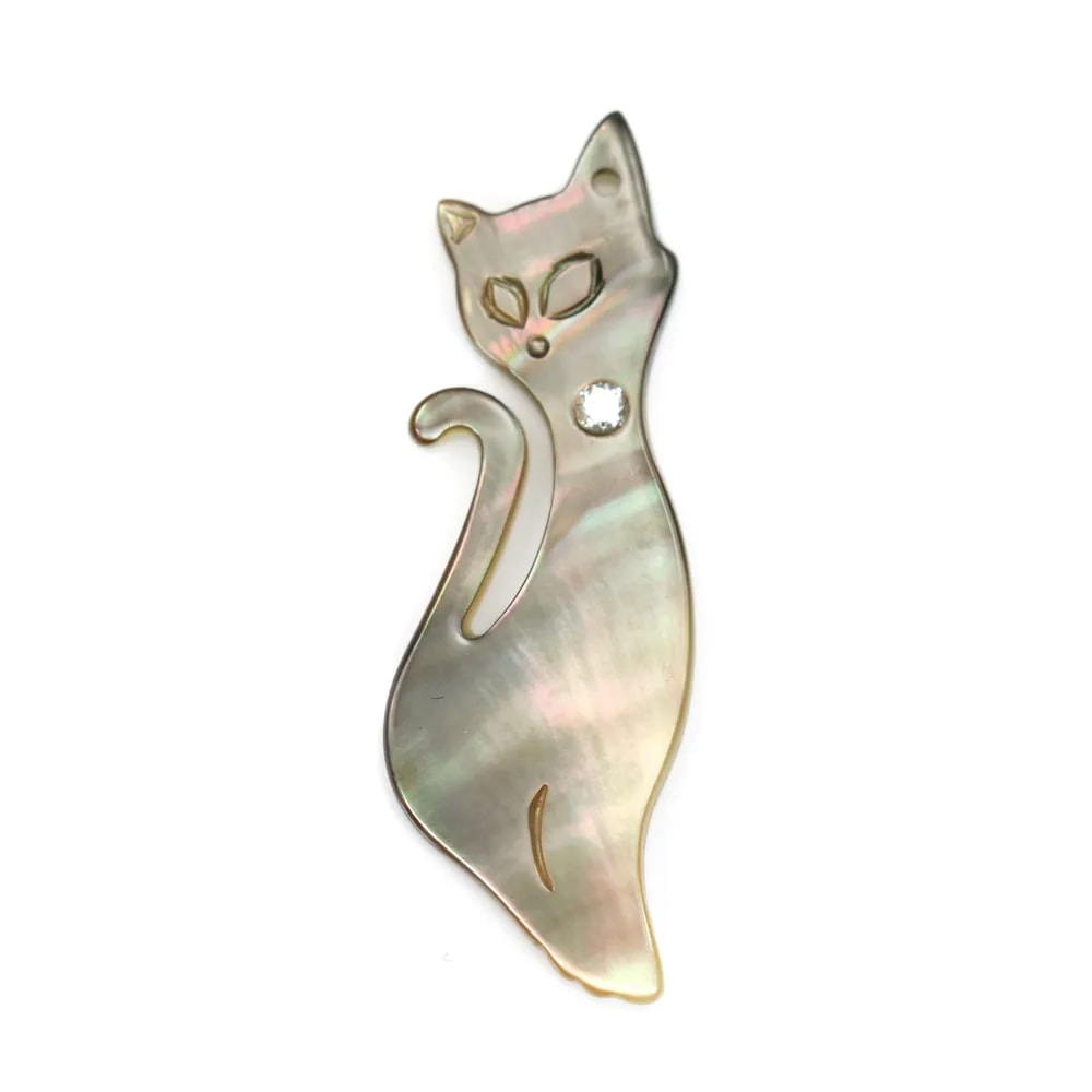 Nacre grise en forme de chat avec Oxyde de Zirconium 12x34mm x 1pc