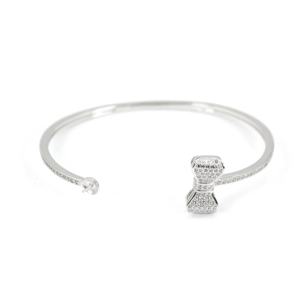 Rhodium 925 sterling silver and zirconium 58mm flexible bangle for half-driled beads x 1pc
