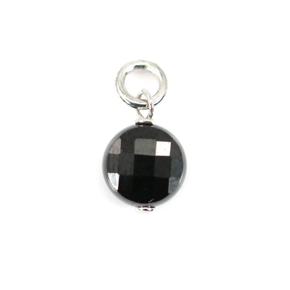 Spinell Charm schwarz rund flach facettiert 6mm - Rhodiniertes Silber x 1Stk