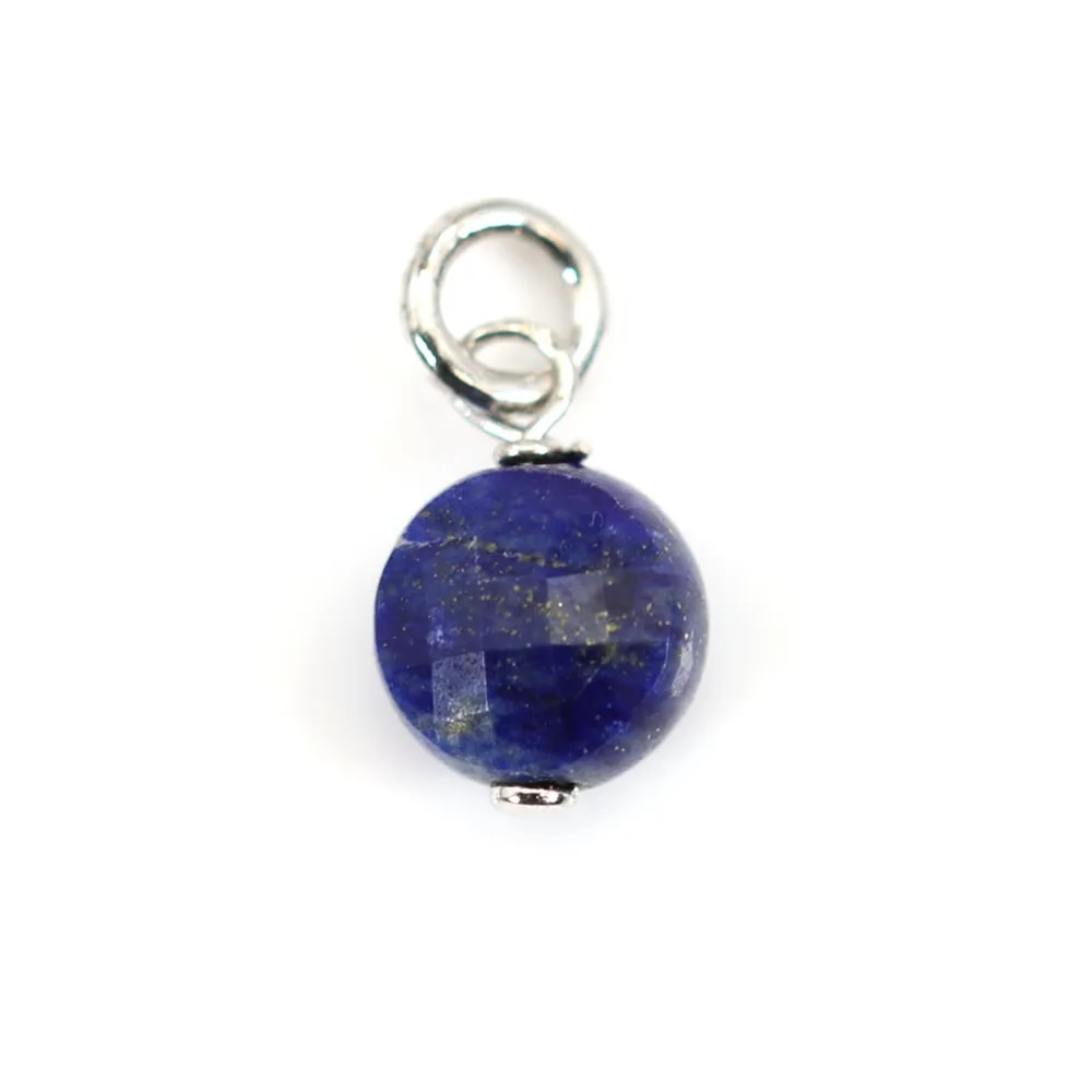 Charm Lápis Lazúli Redondo Facetado 6mm - Prata com Ródio x 1pc