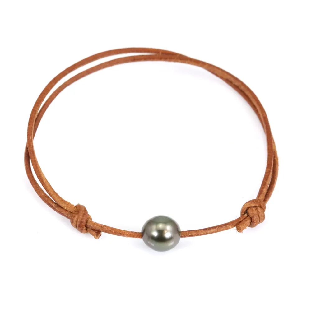 Pulseira de couro com pérolas cultivadas do Taiti de 7-8 mm
