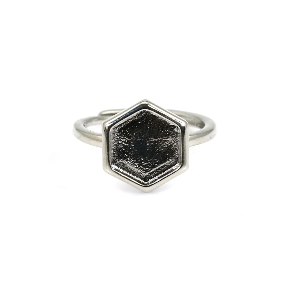Anillo ajustable para cabujón hexagonal de 10mm - Plata x 1pc