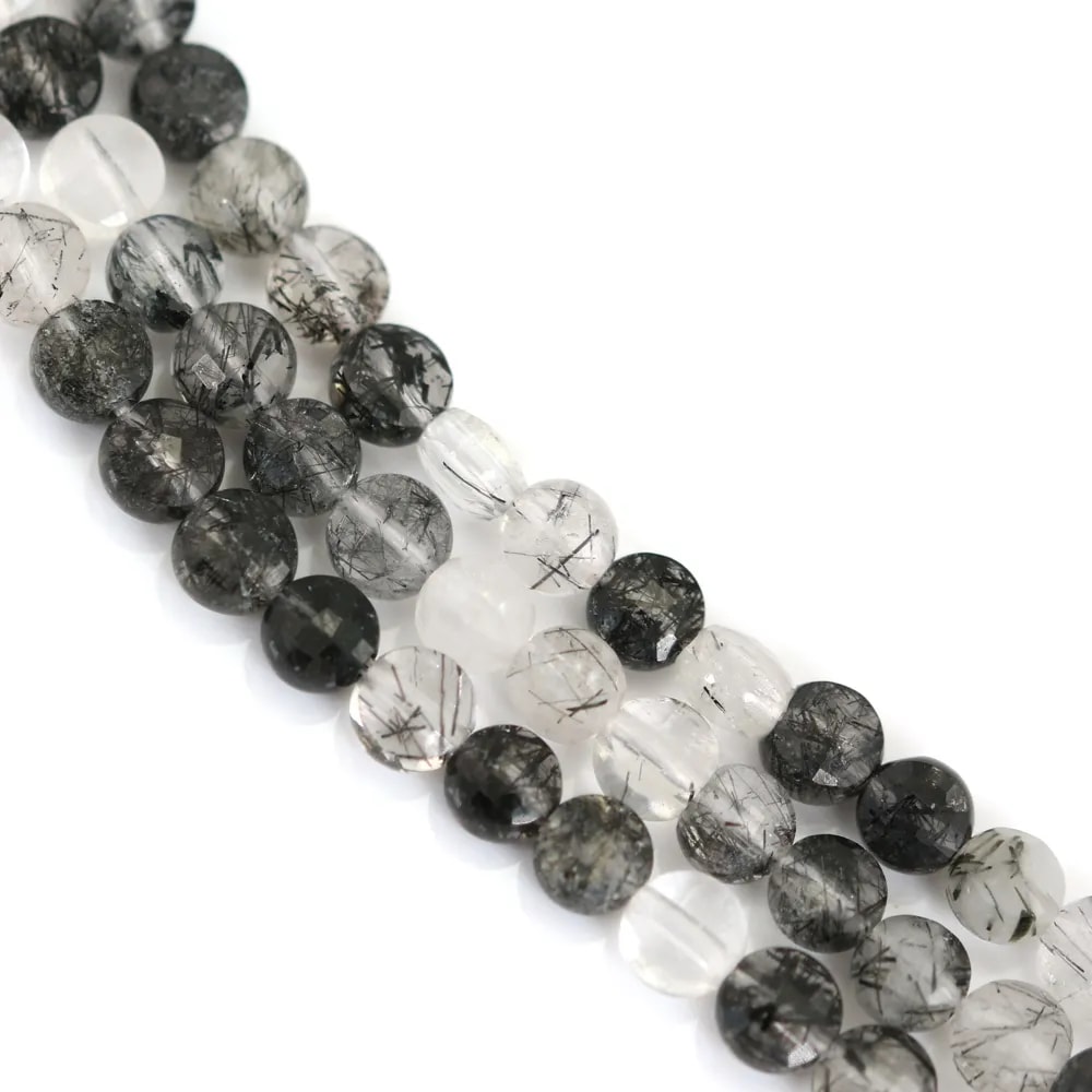 Quartzo rutilo preto redondo plano facetado 4mm x 40cm
