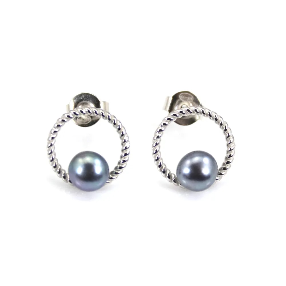 Orecchino a cerchio con perla coltivata blu - Argento 925 placcato in rodio x 2 pz