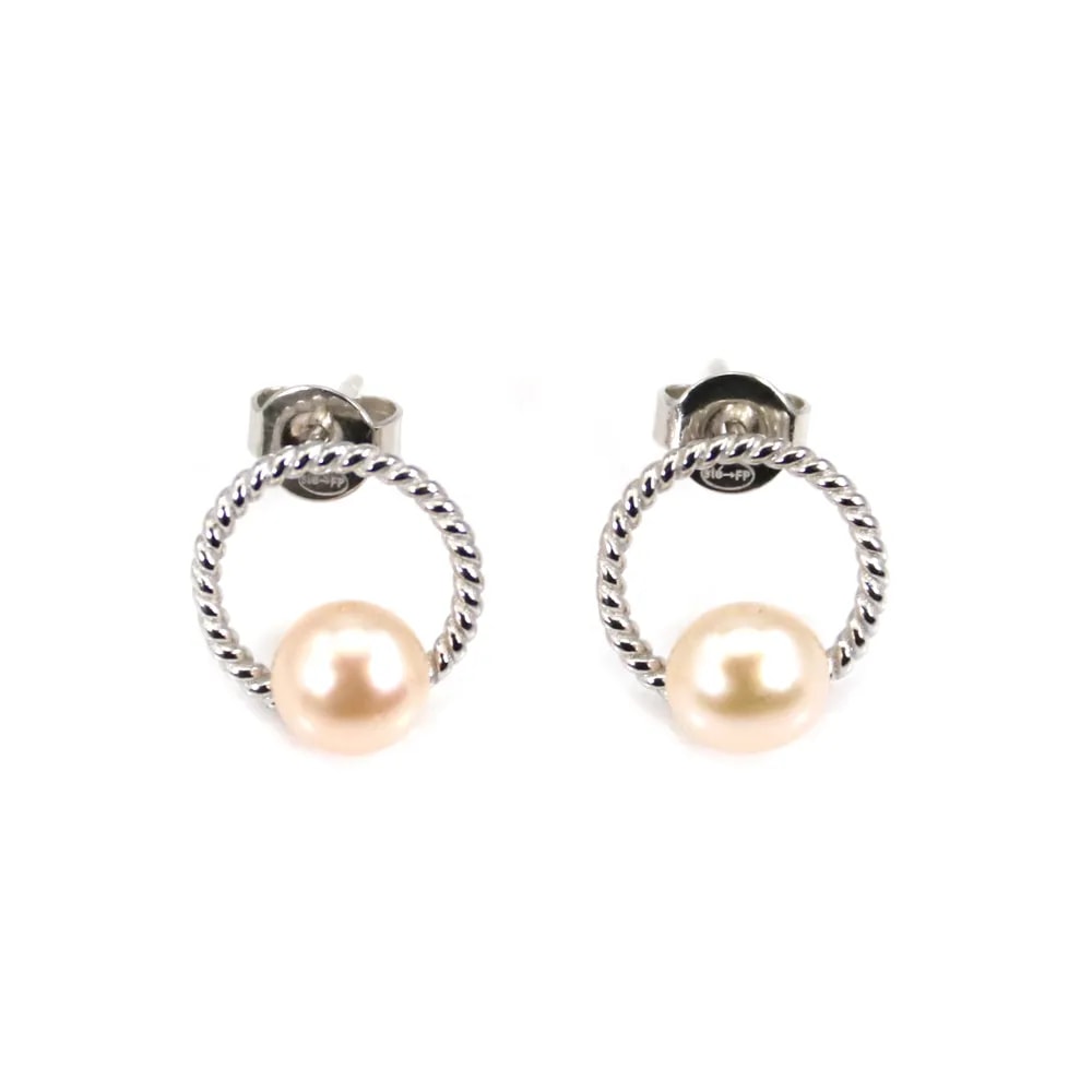 Boucles d'oreilles cerclée Perle de culture saumon - Argent 925 rhodié x 2pcs