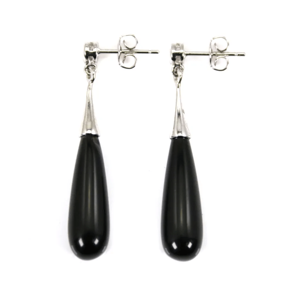 Obsidian Tropfen Ohrring 7x23mm - 925er Silber Rhodiniert x 2Stk