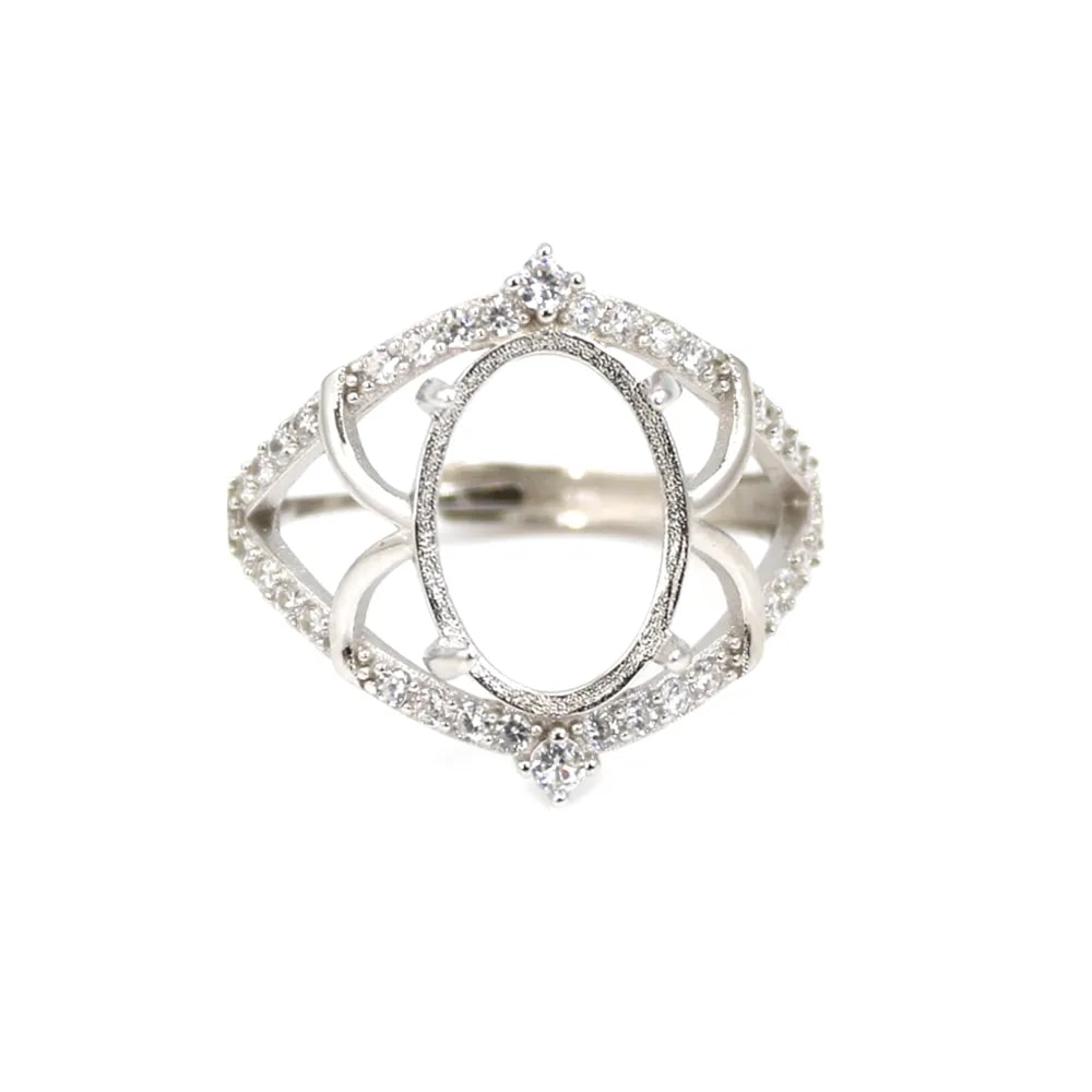 Einstellbarer Ring verziert für Cabochon 10x14mm - Zirkoniumoxid & 925er Silber rhodiniert x 1Stk