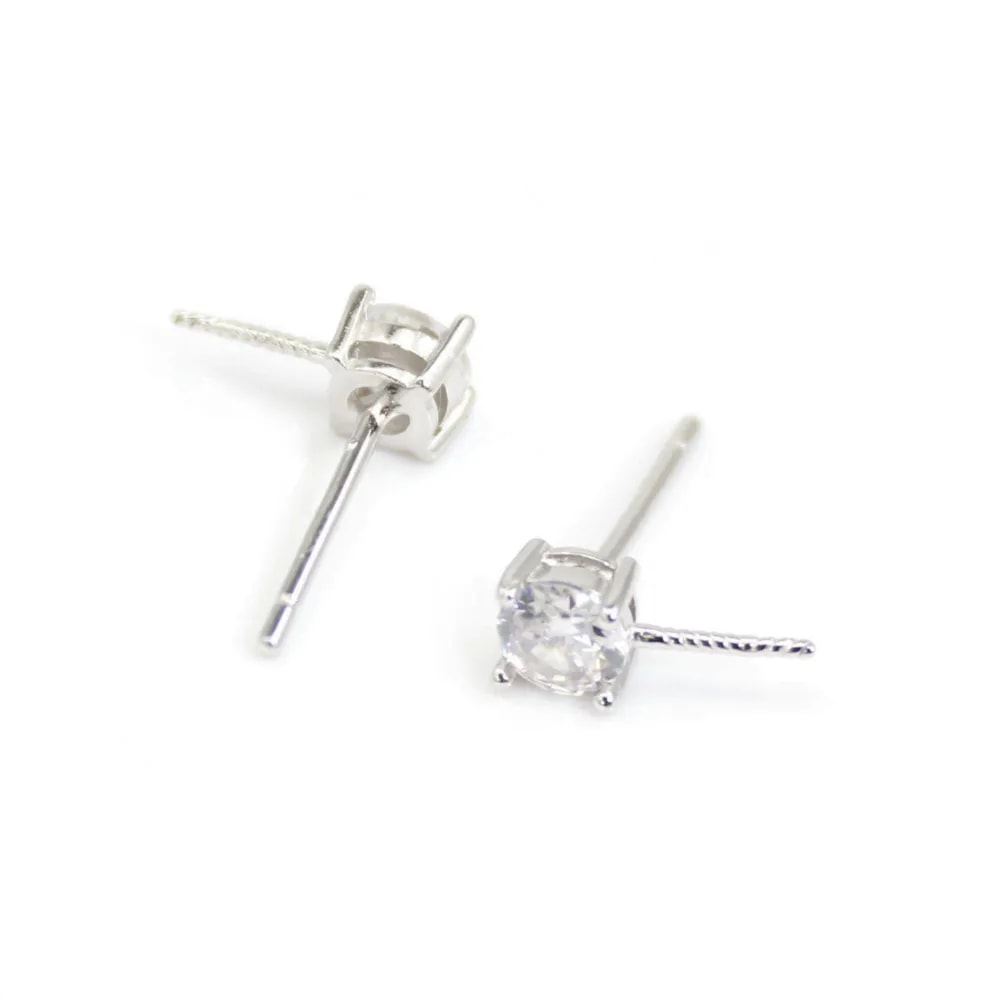 Earring stud with rhinestones for semi-pierced - 4x11mm - cubic zirconia & Rhodium-plated Silver x 2pcs