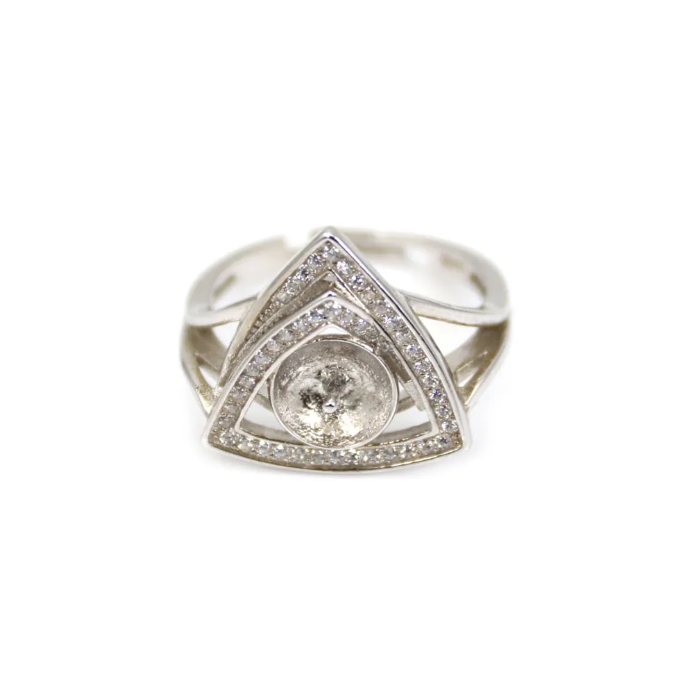 Adjustable spiral triangle ring for semi pierced - cubic zirconia & Rhodium plated 925 Silver x 1pc