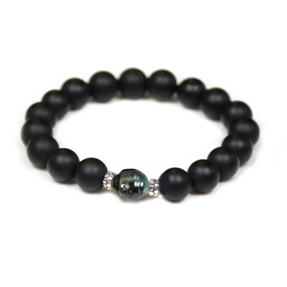 Armband aus mattem schwarzen Achat & Tahiti-Zuchtpfperle