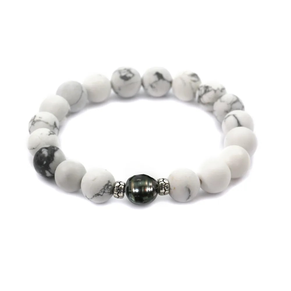 Pulseira de Howlita fosca e pérola de cultura do Tahiti